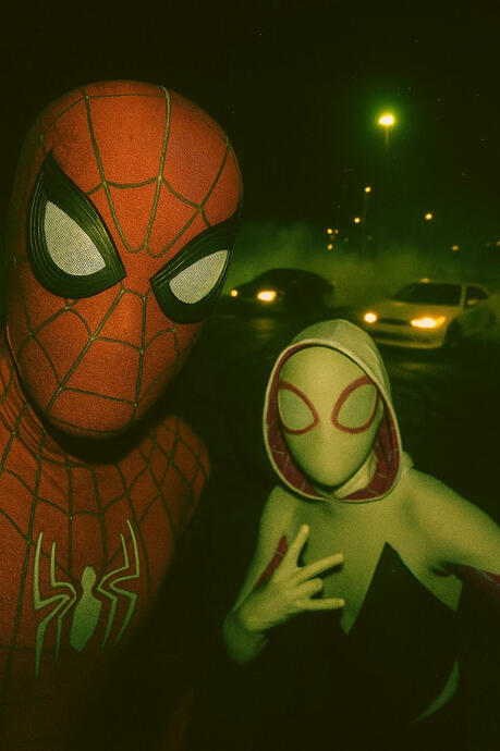 Spidey and Gwen — drift drop, then snapshot.